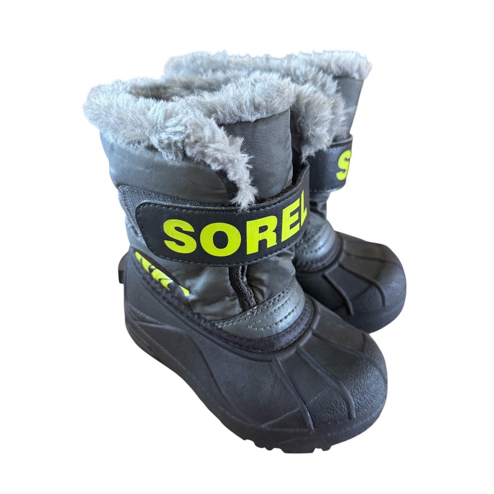 Sorel Snow Commander Kids Size 8 Gray Black Neon Green EUC Waterproof Snow Boots